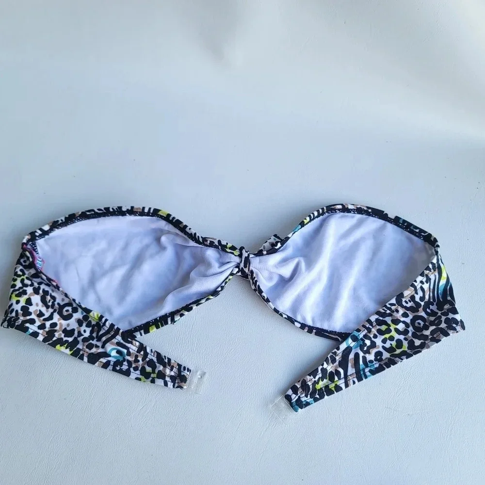 On Shore Women's Sz L Animal Print Twist Bandeau Bikini Swim Set Black Leopard